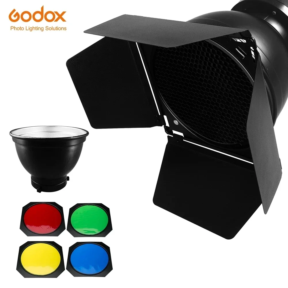 Фото Godox BD-04 Стандартный отражатель двери сарая + сотовая сетка + 4-цветный фильтр для вспышки для стандартного отражателя Bowen DE300 SK300 №2