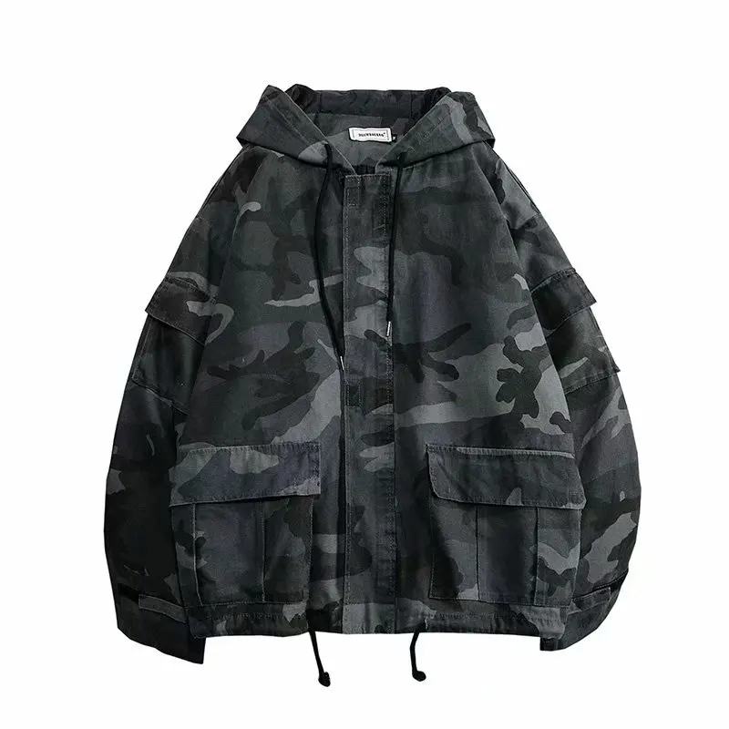 

Spring and Autumn New Gray Camouflage Hooded Jackets Men Army Green Windbreaker Casual Loose Coats