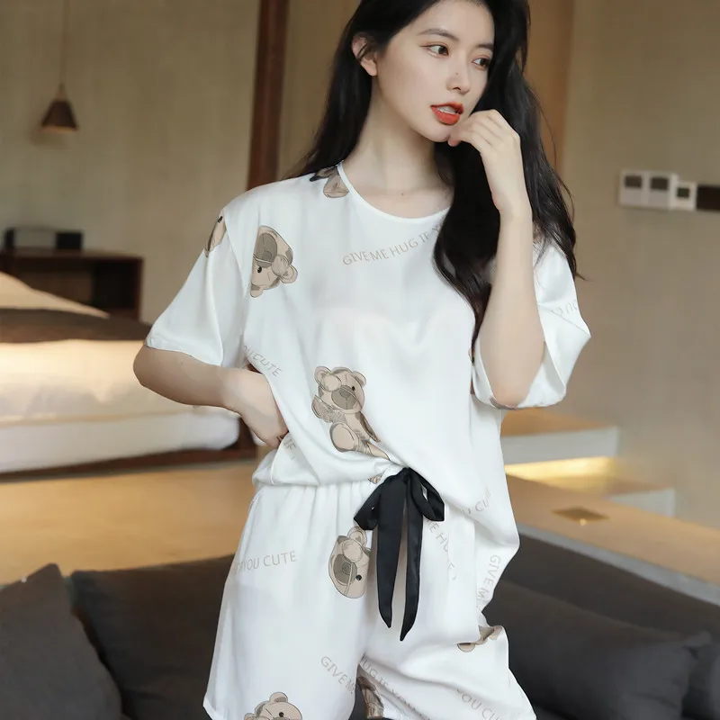 QSROCIO Summer Women's Pajamas Set Cute Bear Print Loose Top Sleepwear Short Casual Silk Like Homewear 2pcs Nightie Femme