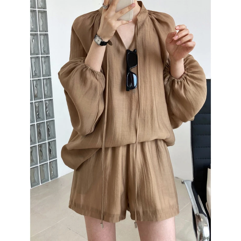 

2022Lace Up Long Sleeve Sunscreen Shirts + Wide Leg Shorts Khaki White Black Summer Women Two Piece Set shirt women