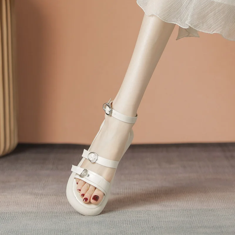 Модная женская обувь 2024 бежевые Босоножки на каблуке с пряжкой туфли для