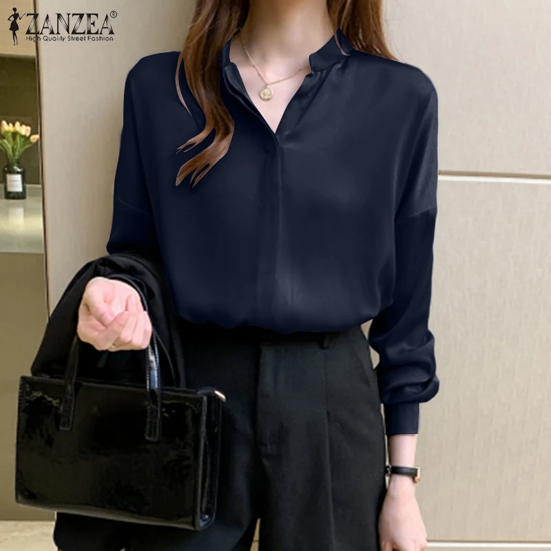 

Fashion Pleated Female Work OL Blusas Elegant Femininas Holiday Solid Chemise ZANZEA Autumn Women Elegant Full Sleeve Shirt Tops