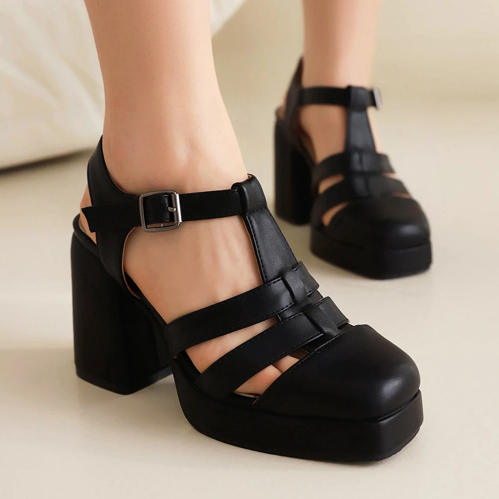 Square Toe Platform Sandals Women Summer Hollow Out Chunky Heel Shoes New Female Beach Shoe Outdoor Non-Slip High Heels Ladies