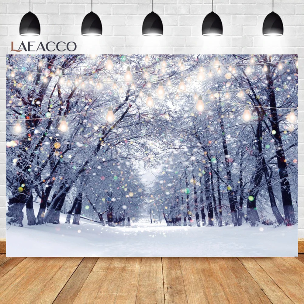 Winter Forest Tree Shiny Bulb Light Snow Polka Dots Party Scenic Photo Background Christmas Photographic Backdrop Studio