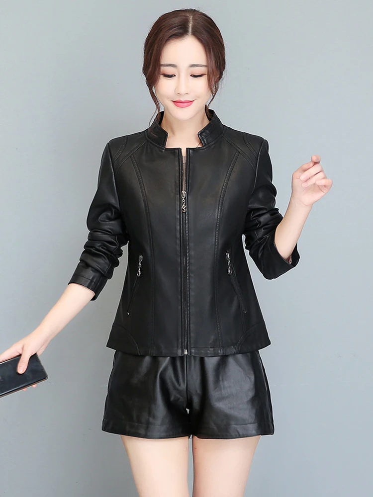 New Women Short Leather Coat Spring Autumn Fashion Small Stand Collar Sheepskin Slim Jacket Casual Outerwear Split Leather