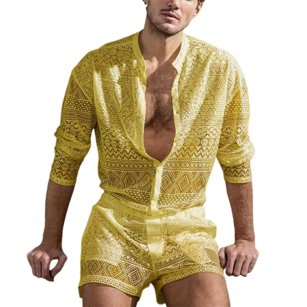 

ropa hombre Autumn 1 Set Men Top Shorts Hollow Out Solid Color Lace See Through Outfit for Wedding Night Mens Two Piece Suits