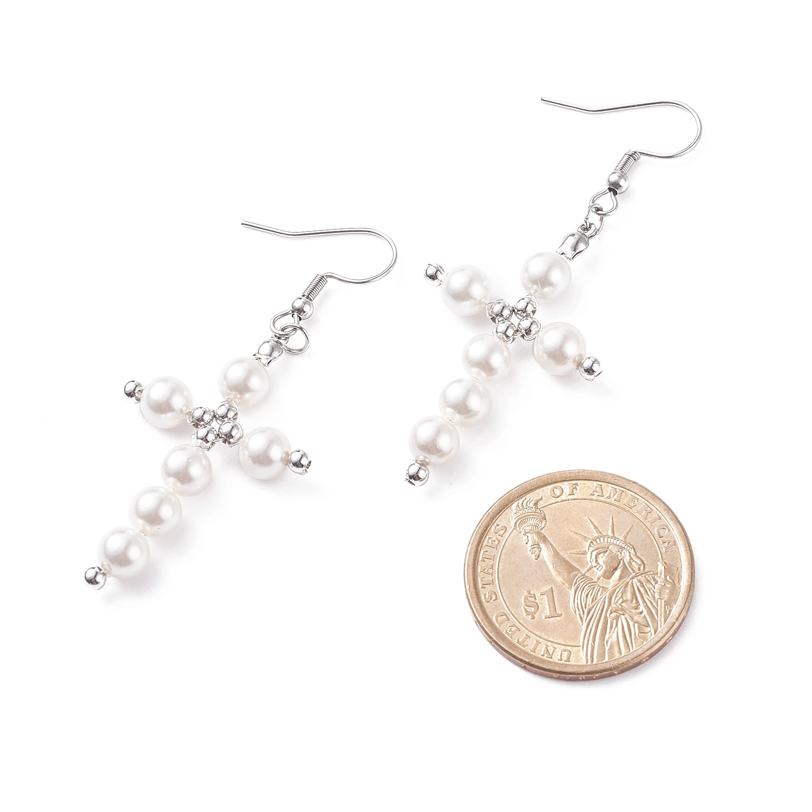 Kissitty 10Pairs Shell Pearl Brass Beaded Cross Dangle Earrings Stainless Steel Wire Wrap Drop Earrings for Women Jewelry Gift