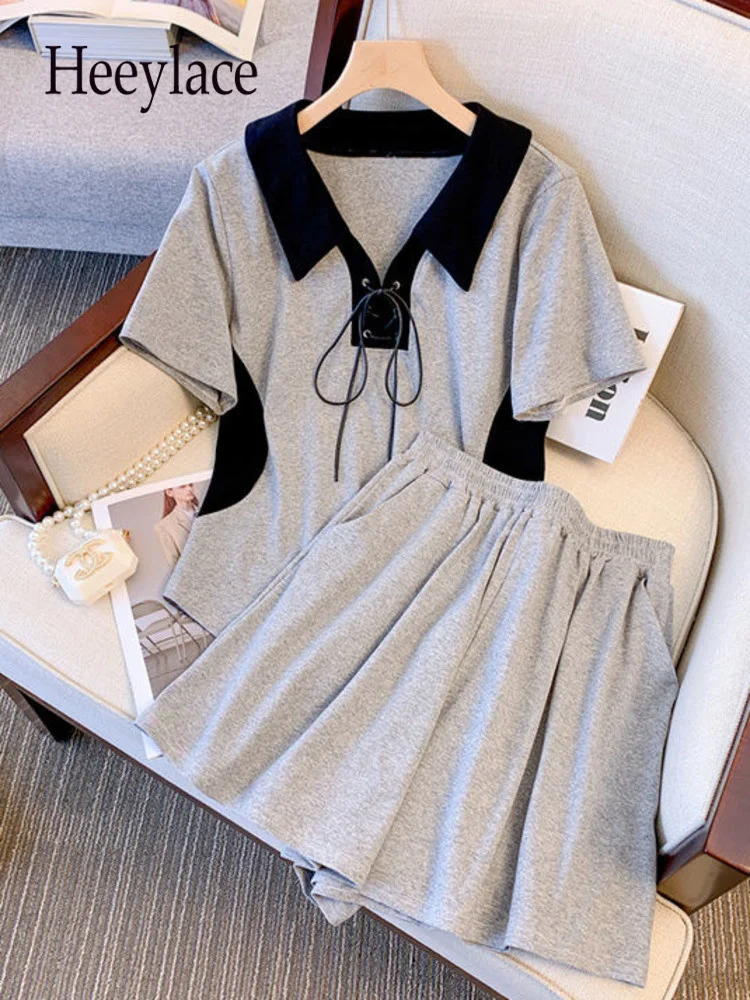 

Летний комплект из 2 предметов, женский наряд, хлопковые Лоскутные Топы на шнуровке и шорты с эластичным поясом, женская спортивная одежда