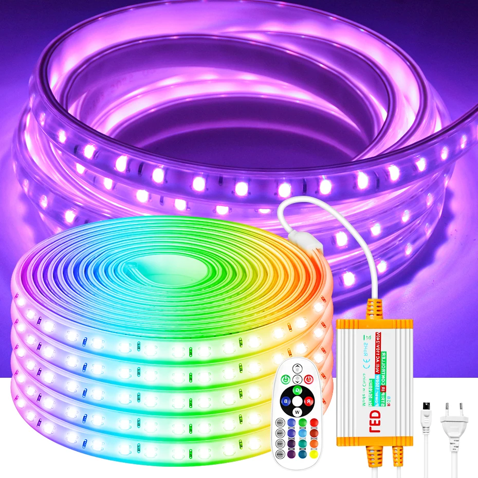 

Светодиодная лента 220 В RGB с ИК-пультом дистанционного управления, с регулируемой яркостью, IP68, водонепроницаемая, 1500 Вт, ler 5050, без проводов, цветная гибкая лента 1-100 м