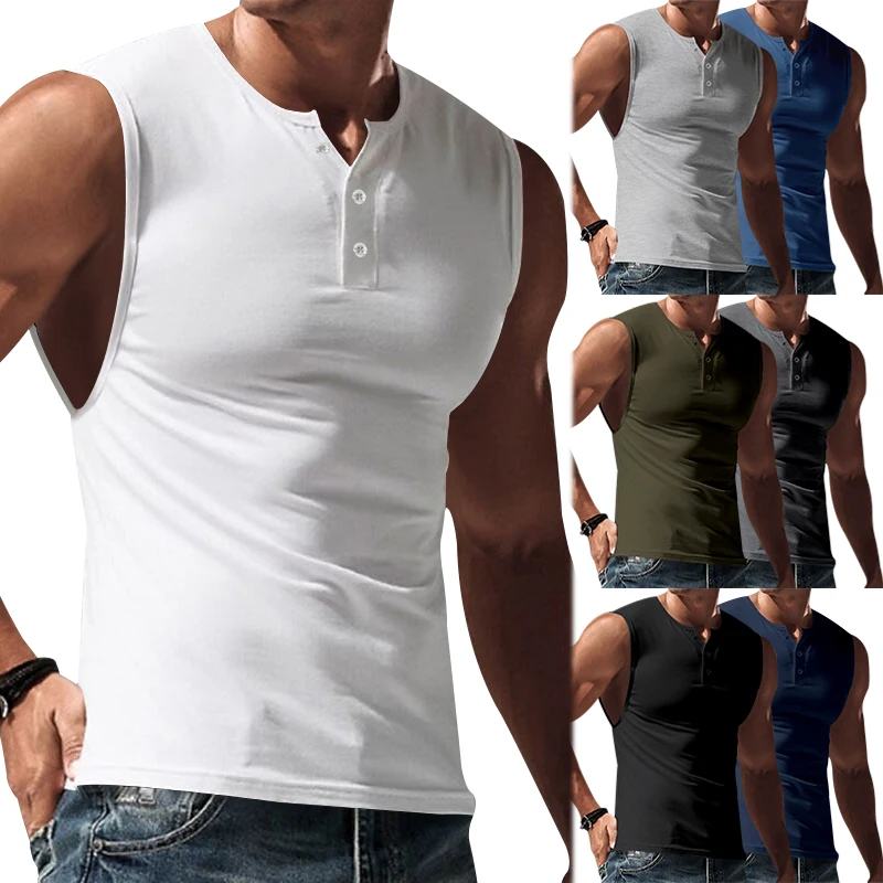 

European and American men's sleeveless T-shirt, cotton shoulder sports vest, casual Henry shirt, sports shirt