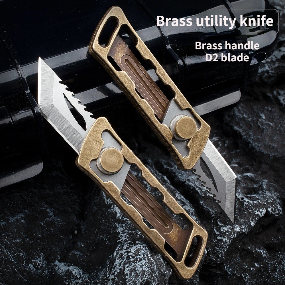 

Push-pull brass mini utility knife unpacking EDC Pocket Knives D2 blade Paper cutter Express knifes outdoor multi-function tool