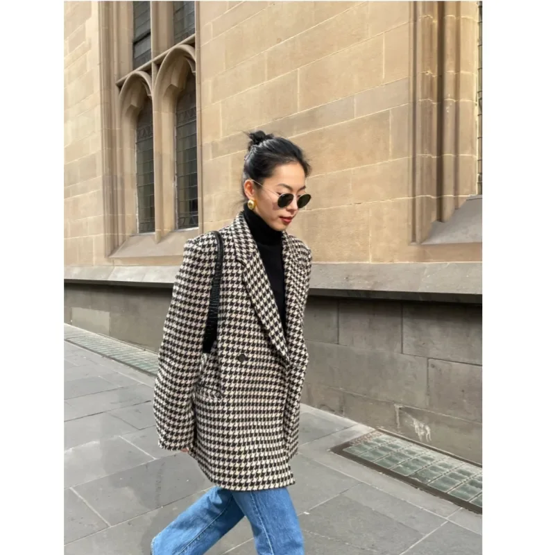 

AnineBin*g 2023 Autumn/Winter New Blogger Same Classic Thousand Bird Checker Woolen Loose Mid Length Suit Coat for Women