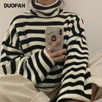 duofan striped sweater women harajuku winter knitted pullover vintage long sleeve top thickening loose warm turtleneck sweaters