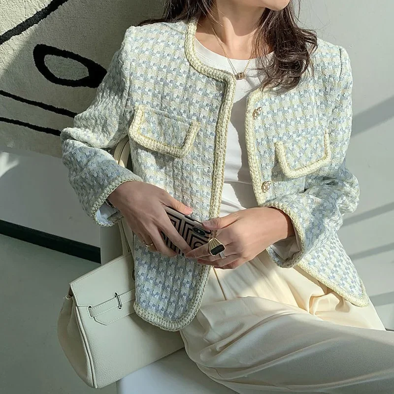 Женский твидовый укороченный пиджак куртки без воротника с длинным рукавом