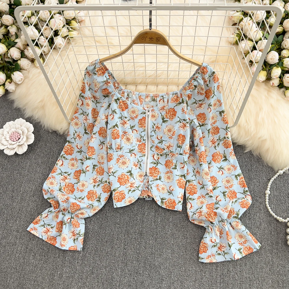 

Floral Print chiffon Blouses asymmetrical casual Blouse puff Long Sleeve Shirt Woman vintage Crop Top Femme Blusas Women Clothes