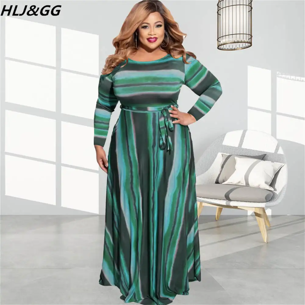 

HLJ&GG Fashion Stripe Print Loose Floor Dresses Women Round Neck Long Sleeve Belt Dress Vestidos Elegant Clothing Plus Size 5XL