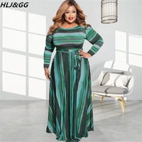 hljgg fashion stripe print loose floor dresses women round neck long sleeve belt dress vestidos elegant clothing plus size 5xl