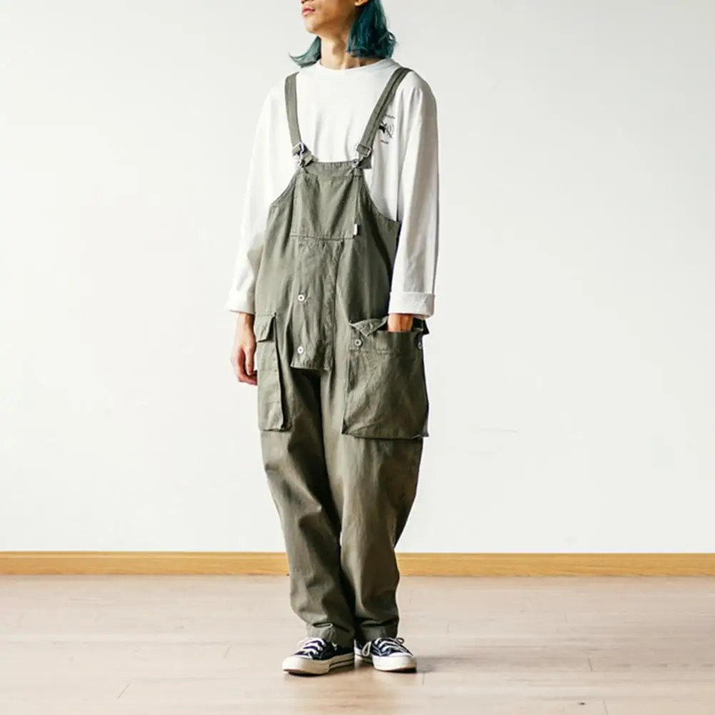 Suspenders Jumpsuit Pants Men Summer Overalls Japanese Loose Straps Casual Pockets Unisex Oversize Streetwear Solid Man Clothing