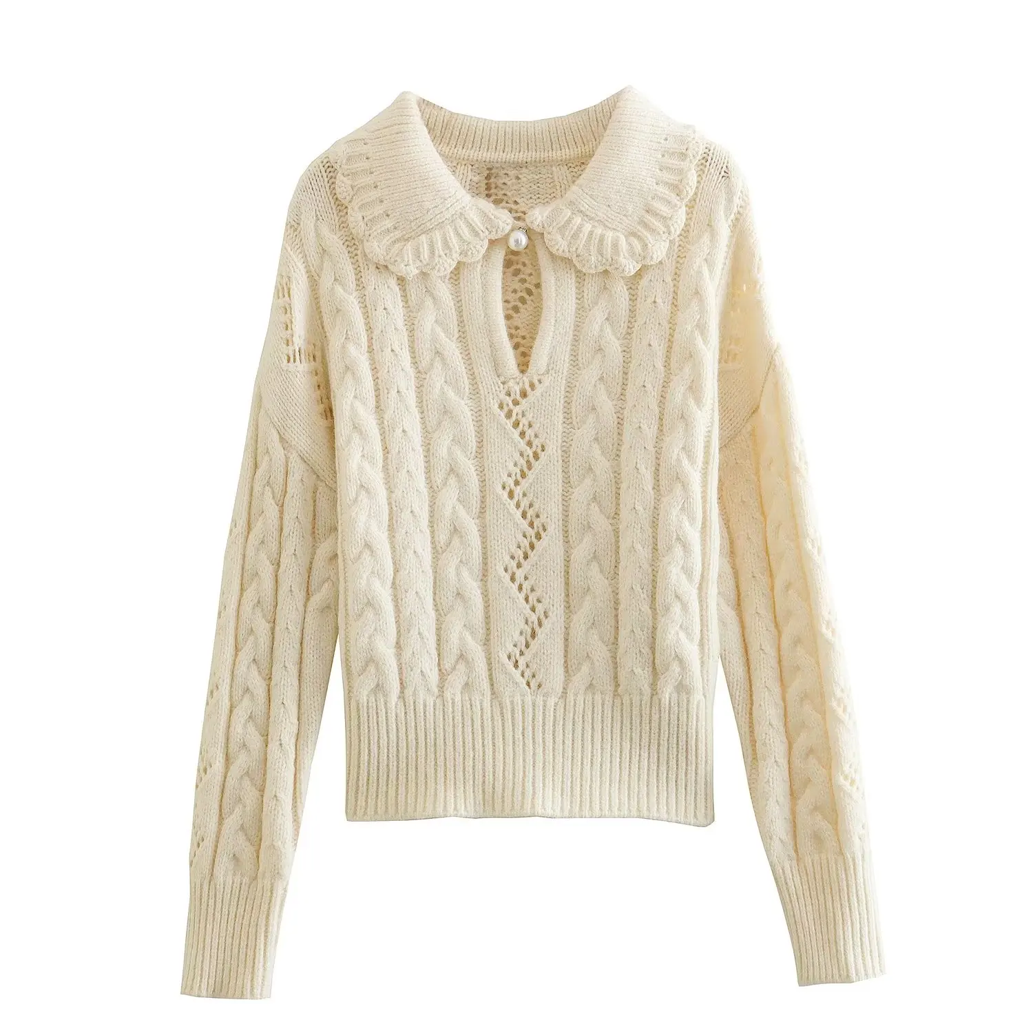 

Withered Peter Pan Collar French Casual Sweaters Women Indie Folk Pearls Buttons Jacquard Knitwear