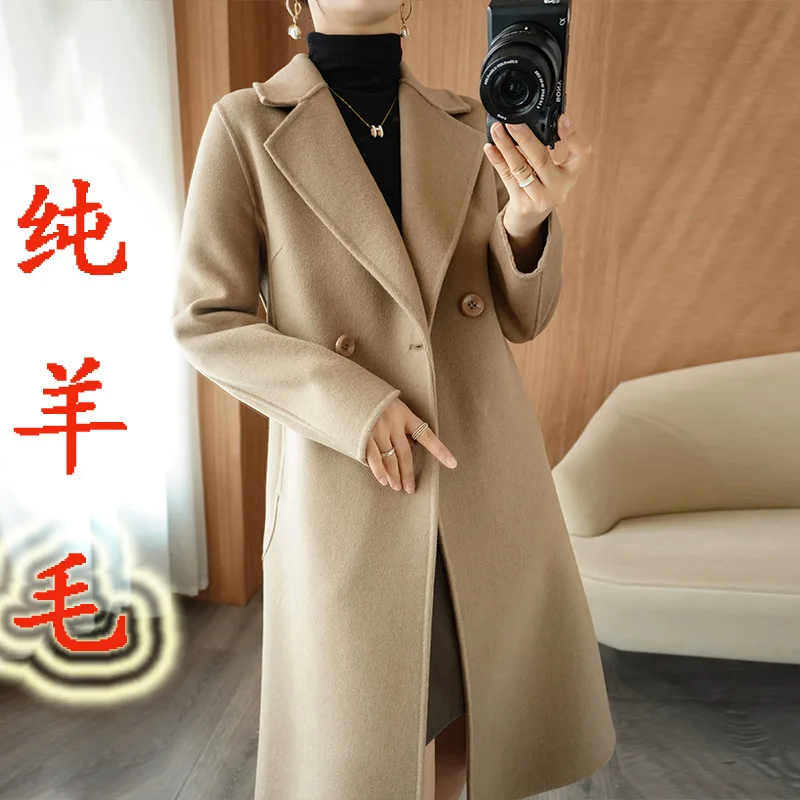 

Женское двухстороннее кашемировое пальто в стиле Хепберн, новинка 2023, шерстяное пальто средней длины для осени и зимы