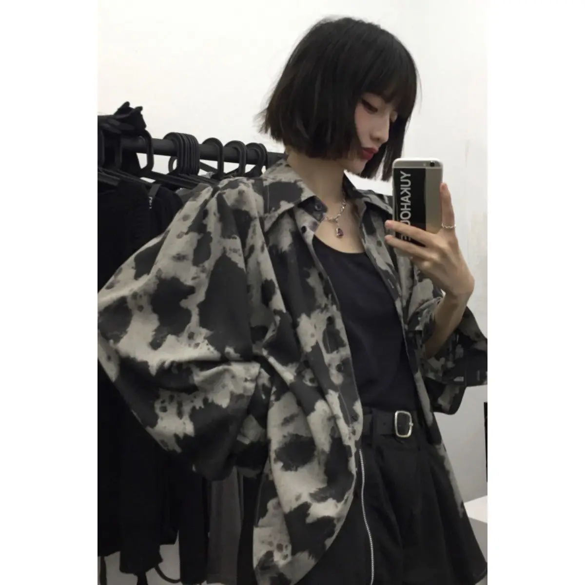Deeptown Tie Dye Gothic Shirt Women Harajuku Vintage Oversize Streetwear 2022 Punk Long Sleeve Pattern Cardigan Grunge Kpop Chic