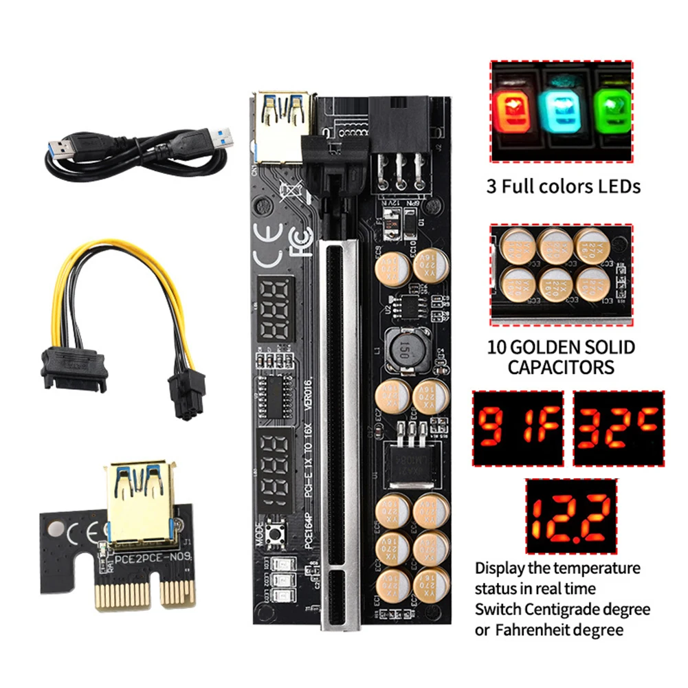 Переходник для Райзера Gold VER016 USB 3 0 PCIE 1X 4x 8x 16x SATA 15pin на 6 pin кабель питания |