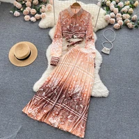 summer fashion runway long skirt sets womens long sleeve contrast color orange bow tie shirt and pleated skirts two piece suits