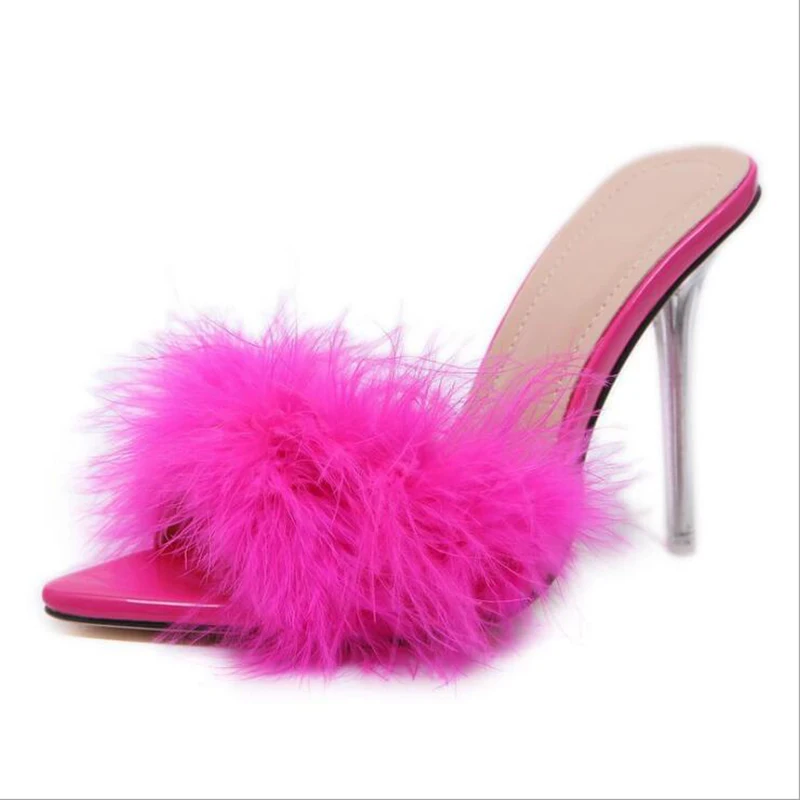 

Sexy Pointed Toe Furry Slippers Ladies Nightclub Sandals New Summer Fashion Design Clear Perspex Heels Women Shoes Fluffy Slides