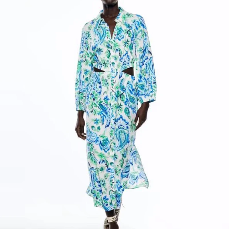 

Spring 2022 Women Print Midi Dress Long Sleeve Single Breasted Female Hollow Out Design Streetwear Dress OZZ1496