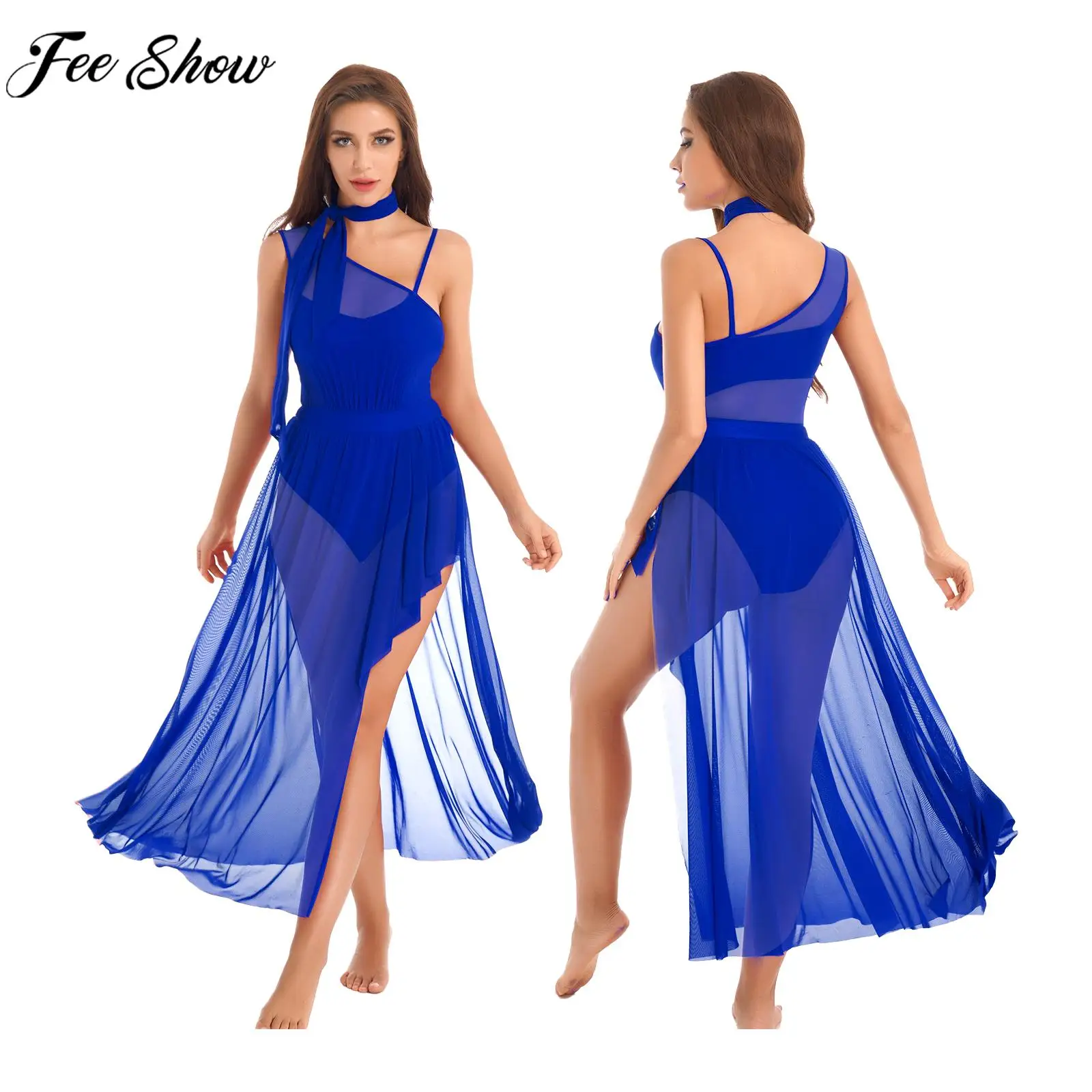 

Women Sleeveless Maxi Modern Lyrical Dance Dress Asymmetrical Shoulder Split Sheer Mesh Ballet Leotard Dresses with Neckerchief