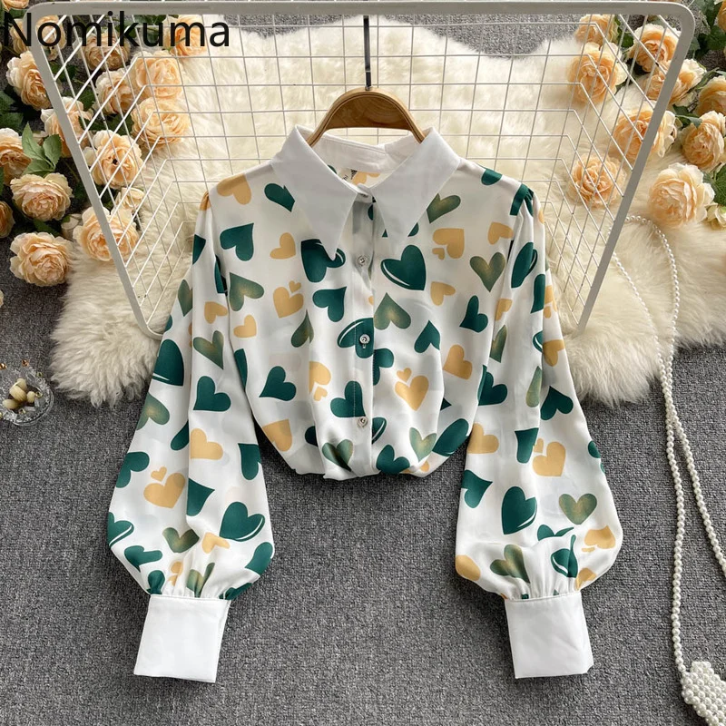 

Nomikuma Shirts for Women Spring Autumn Lantern Sleeve Heart Print Chiffon Blouse Women Elegant Sweet Fashion Camisas De Mujer