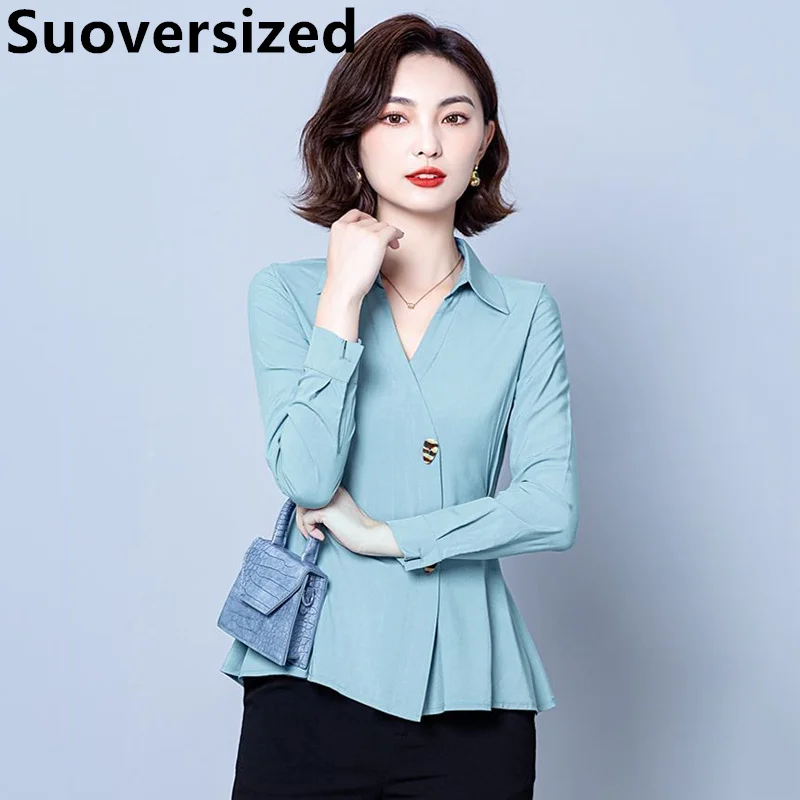 

Блузка Женская приталенная с длинным рукавом, шикарный Повседневный однотонный топ в Корейском стиле, Элегантная универсальная уличная од...