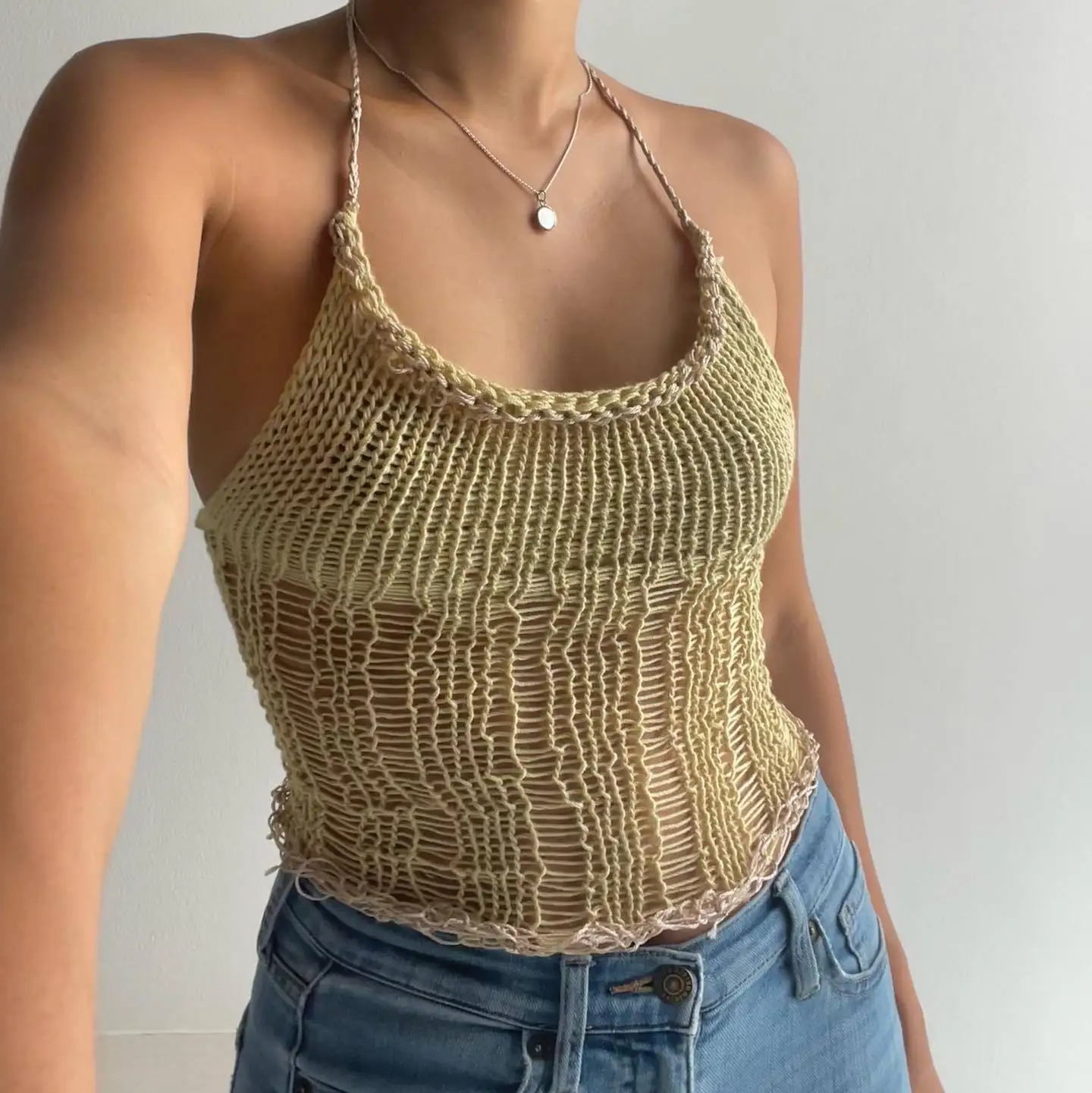 

Y2K Women Crop Top 2022 Summer Hollow Out Sexy Sleeveless Halter Neck Party Knit Tube Tank Tops Off Shoulder Cami Vest Yuqung