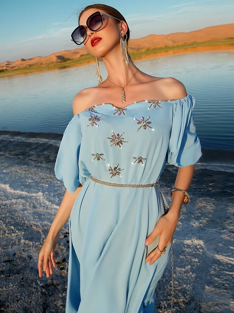 Slash Neck Arabian Party Dress Women Handsewn Rhinestones Metallic Belt Muslim Evening Long Dresses Gowns Gulf Jalabiya Abaya
