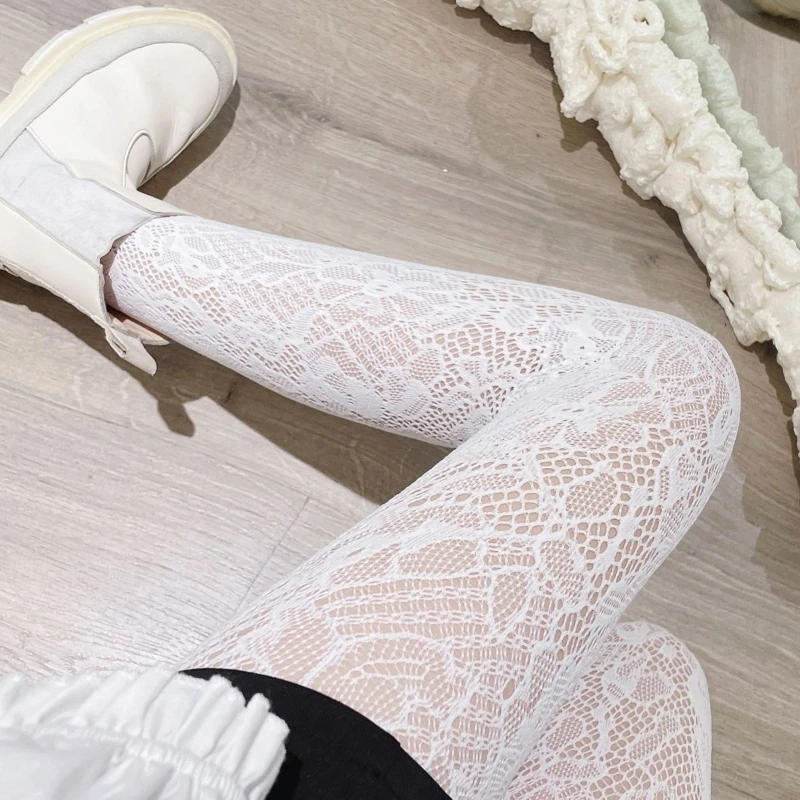 Style Sexy Erotic Lingerie Stockings Women Tight-High Pantyhose High Waist Lace Hollow Rose Flower Fishnet Tights