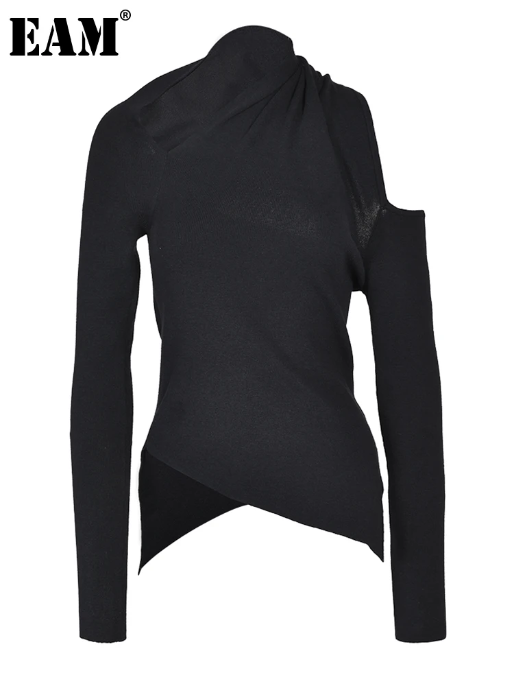 

[EAM] Black Irregular Knitting Sweater Irregular Collar Long Sleeve Women Pullovers New Fashion Spring Autumn 2023 19J224801