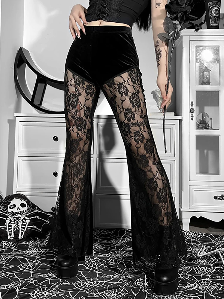 

Goth Dark бархатные винтажные сетчатые женские расклешенные брюки, готический гранж, сексуальные прозрачные брюки, Панк черные модные тонкие а...