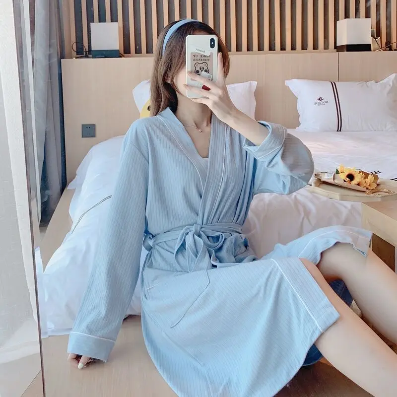 Pajamas Women's Spring and Autumn Pure Cotton Long-sleeved Bathrobe Sweet Casual Simple Nightgown Can Wear Home Clothes