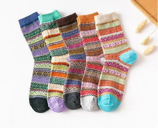 

Носки трикотажные в стиле унисекс, 5 пар, зимние утепленные и теплые женские шерстяные носки, короткие носки в этническом стиле с волнистыми полосками и цветами