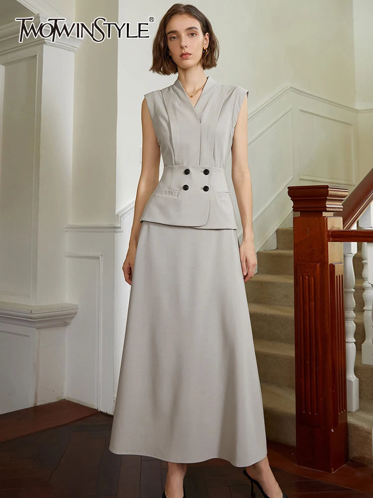 

Женский винтажный комплект из двух предметов TWOTWINSTYLE, с v-образным вырезом, без рукавов, с высокой талией, трапециевидные юбки средней длины, ...