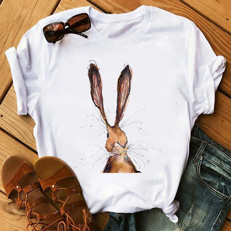 

T-shirts Women Cartoon Summer Short Sleeve Rabbit Animal Fashion Clothes Graphic T Tshirt Top Lady Print Female Tee T-Shirt