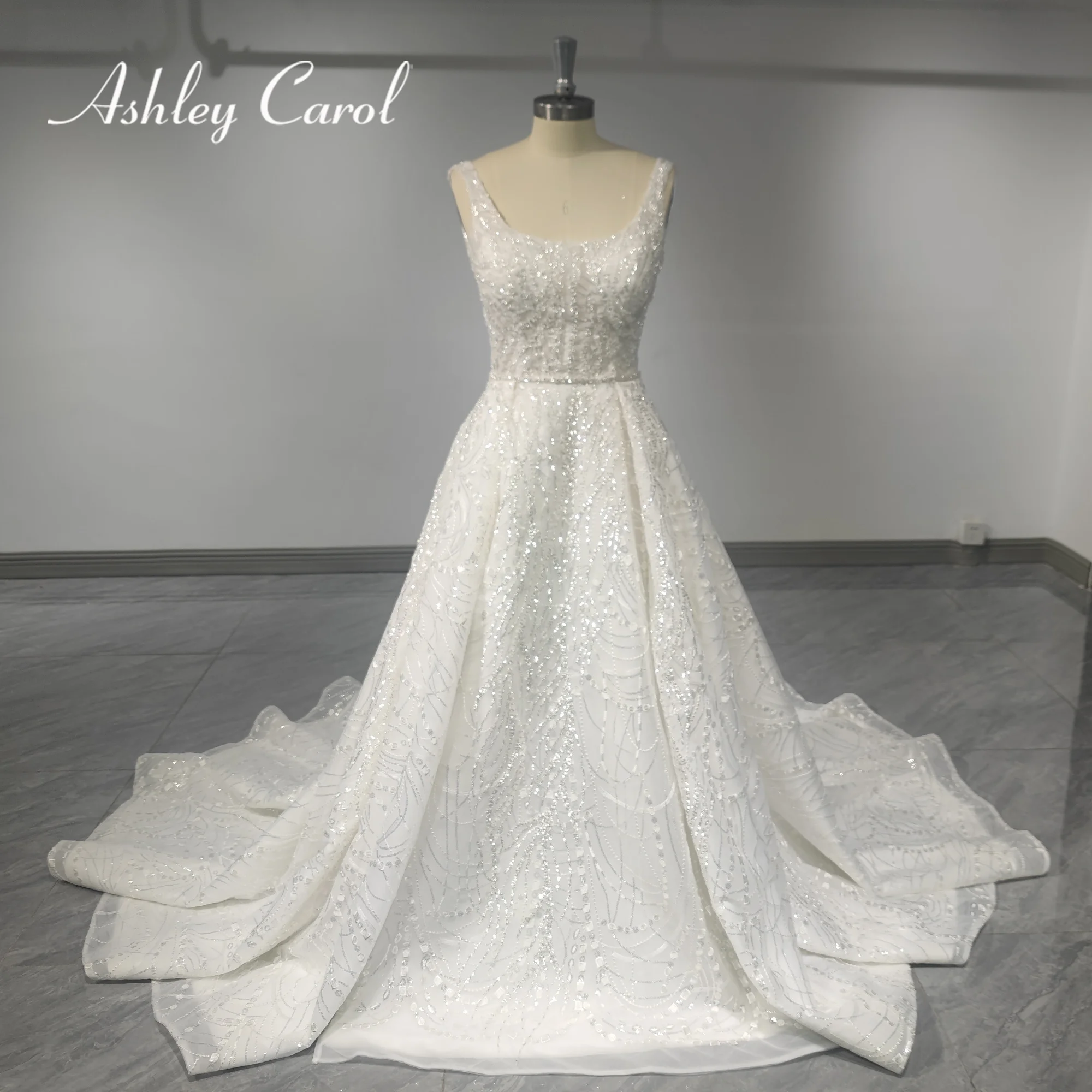 

Ashley Carol A-Line Wedding Dresses 2023 Spaghetti Straps Square Collar Sequine Sparkling Tulle Wedding Gown Vestidos De Novia