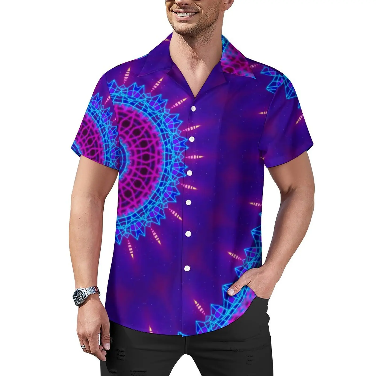 

Tokyo Sunset Casual Shirt Neon Rave Mandala Beach Loose Shirt Hawaii Aesthetic Blouses Short Sleeve Graphic Oversized Top