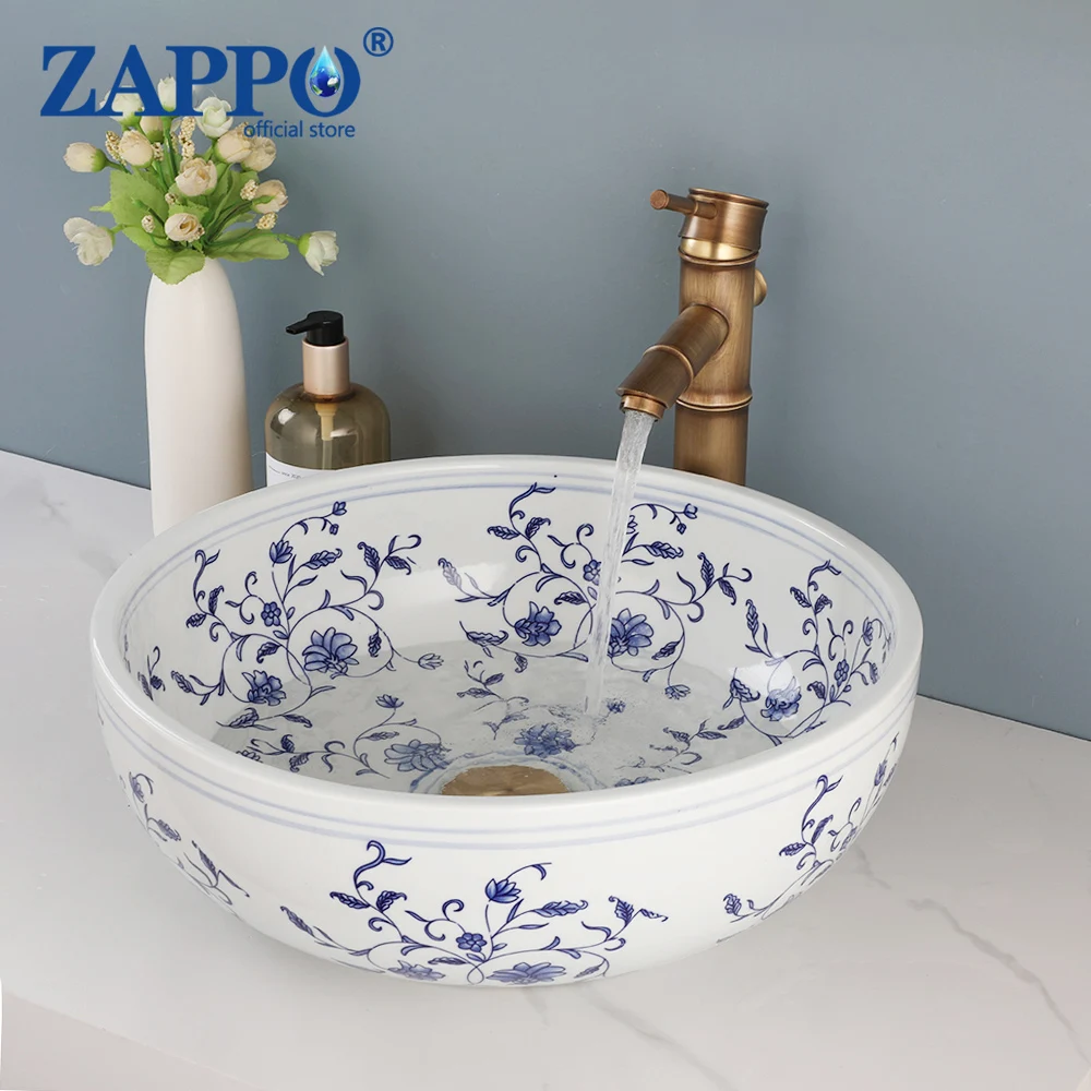 

ZAPPO Ceramic Bathroom Vessel Sink Faucet Combo Blue White Porcelain Above Counter Sinks for Vanity Top W/ Paradise of Flower