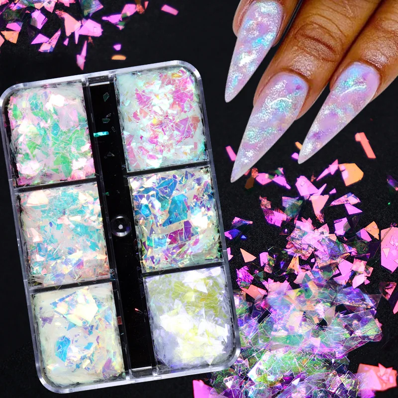 

Aurora Iridescent Opal Nail Glitters Chrome Powder Reflective Edelweiss Ice Snow Nails Flakes Gel Polish Decor