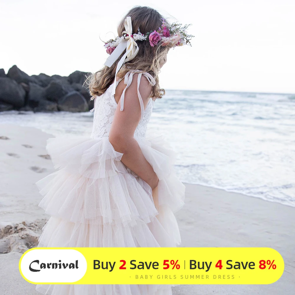 Kids Summer Clothes Baby Lace Wedding Dress Children Clothing Layered Tutu for Birthday Beach Party | Детская одежда и обувь
