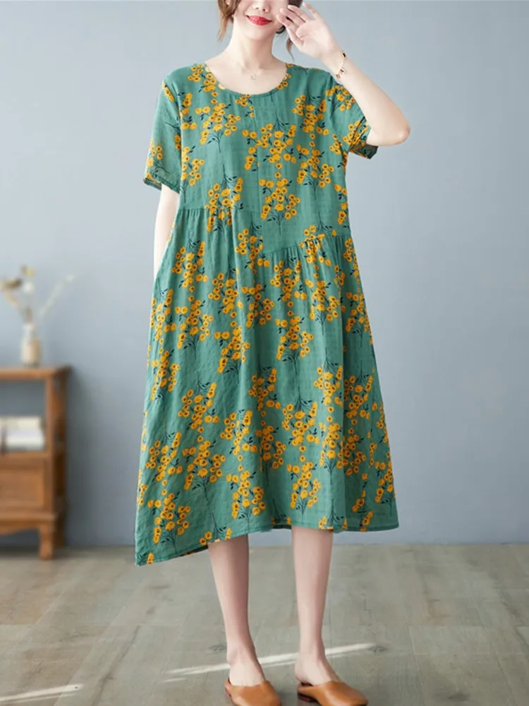 

Women Cotton Linen Casual Long Dress New 2022 Summer Vintage Style Floral Print Loose Comfortable Female Holiday Dresses B1758