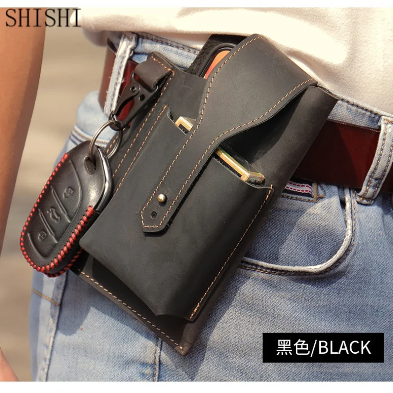 New Fashion Waist Bag Men Genuine Leather Outdoor Multifunction Belt Bag Men Luxury Cell Phone Cigarette Lighter Box Case Bag