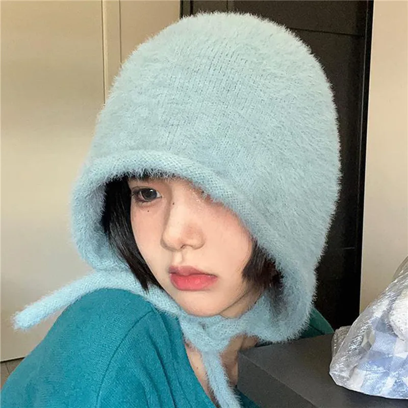 

New Cute Beanie Hat Autumn and Winter Warm Japanese Knitted Pile Caps Men Ear Protection Tie Pullover Women's Hats Gorro
