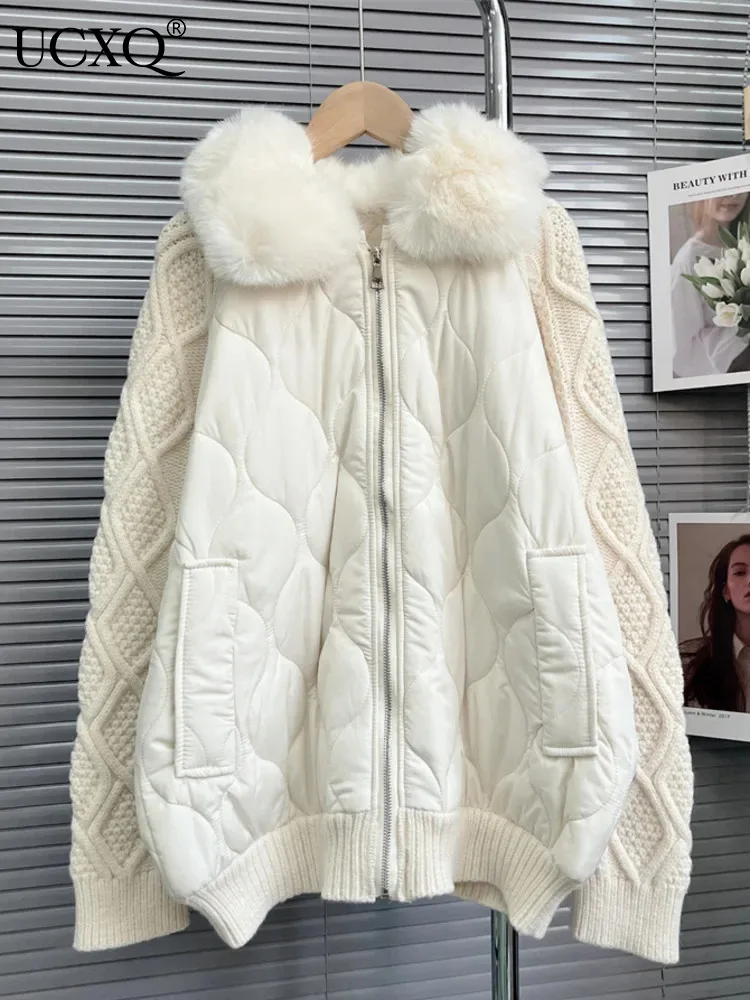 

UCXQ Patchwork Furry Lapel Zipper Sweaters Cardigan For Women Korean Casual Thick Knitted Coat 2023 Autumn Winter New 23A6298